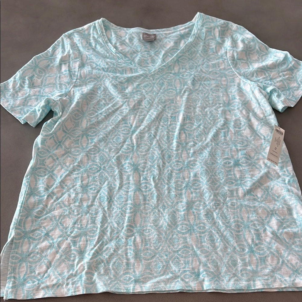 Chico's Aqua Geometric Short Sleeve Tee